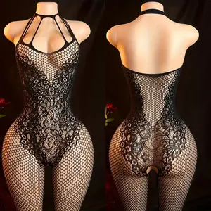 Sexy Fishnet Bodysuit - Lingerie Hanging Neck Open Crotch Bodystocking Jumpsuit