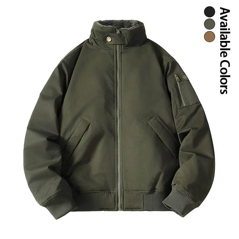 Men’s Thick Fleece-Lined Aviator Jacket, Stand Collar, Vintage Military Style, Windproof Outerwear for Winter Warmth