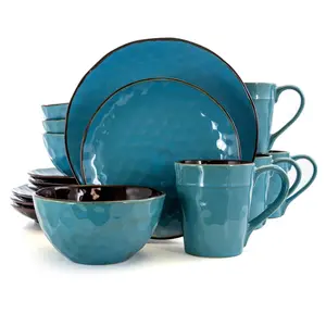 212 MAIN Elama EL-SEAGLASS Sea Glass Luxurious Stoneware Dinnerware Set, 16-Piece Textured Finish Tableware & Cutlery Set for 4, Blue, Microwave-Safe