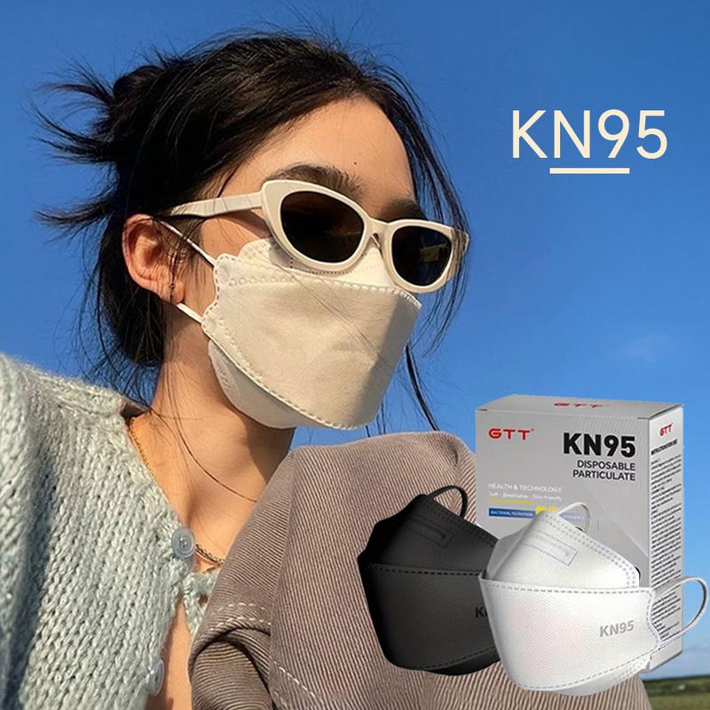 GTT Standard 5-Ply KN95 Disposable Face Masks (100Pcs, Black & White) - M2.5 Filter, 95%+ Filtration, Dustproof, Individually Wrapped, 3D Stereoscopic, Pain-Free Ear Loops, Breathable, FDA Registered for Adults' Daily Office, Wedding, Engagement Use