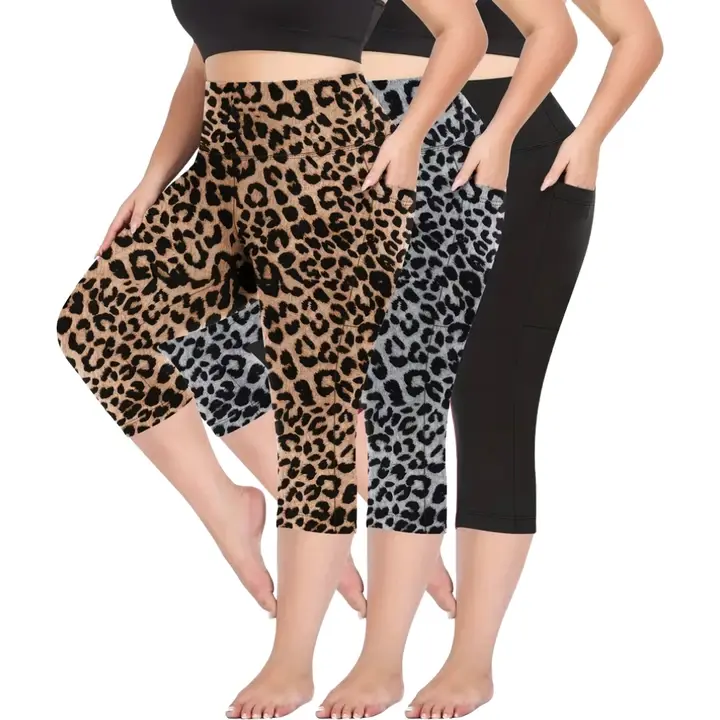 Women's High Waisted Seamless Tummy Control Capri Leggings with Pockets - Athletic Stretchable, Fitness Activewear, Leopard Print, Gym Baddie Sporty Chic, Plus Size Affordable Poly Bottoms for Gym Workouts