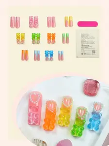 Rainbow Mid Length Gummy Bear Nails ,24pcs Long Square Press On Nails Colorful French Tip Nails A Riot Of Colour Pearl Heart, Candy Bears Full Cover Fake Nails French&Cartoon Cute Style False Nail For Women And Girls Daily Wear Nails Art Multicolor