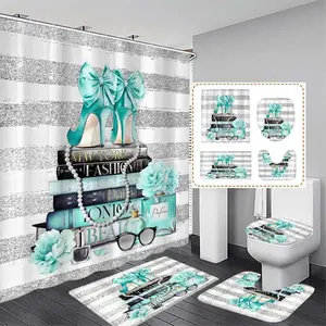 Striped Blue High Heel Print Shower Curtain with 12 Hooks, No-Drill Bathroom Divider, Modern Home Decor Accessories