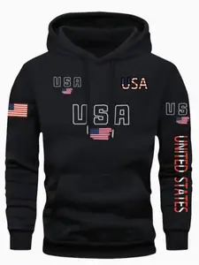 Men's Casual Hooded Sweatshirt, Polyester Knit Fabric, Regular Fit, Geometric American Flag Print, Pocket Design, Fall & Winter Wear