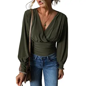 Women's Moss Green Ruched Wrap V Neck Long Sleeve Bodysuit