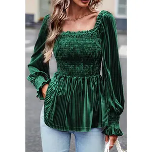 Blackish Green Smocked Ribbed Velvet Babydoll Top