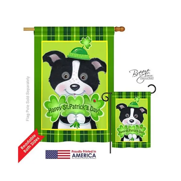Breeze Decor 02029 St Pats Puppy Double-Sided Vertical Impression House Flag - 28x40 in, Pro Guard, 4" Pole Sleeve, Eco-Friendly Procedures