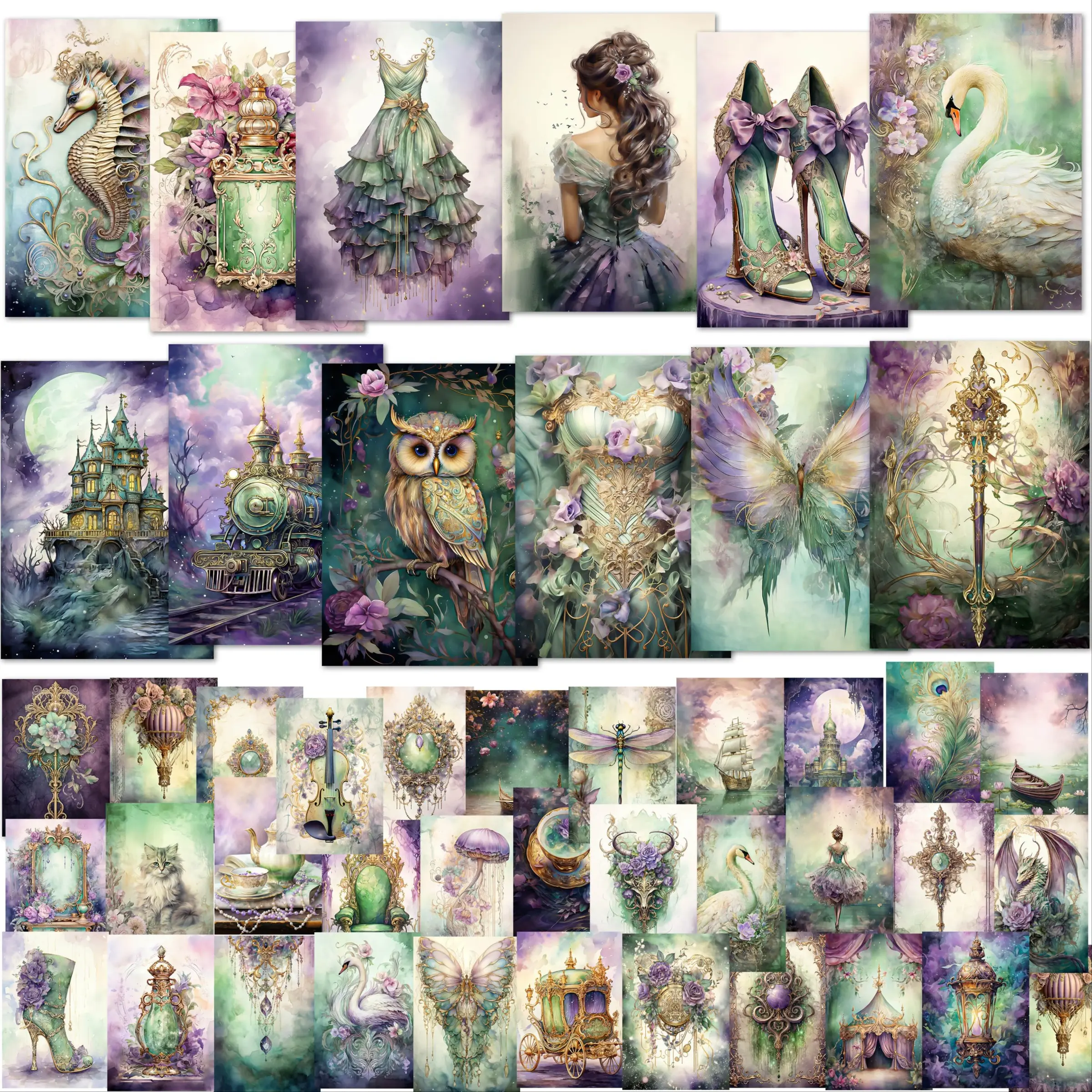 JaiIman 44pcs(12cards+32stickers) Vintage Fantasy Theme Junk Journal Set, Creative Journaling, Perfect for Journal Supplies,Arts Crafts,Scrapbooking Supplies,Scrapbook Accessories,Greeting Cards, Vintage Material Paper