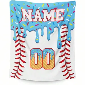 Custom Name And Number Ice Cream Baseball Blanket for Boys Girls – Personalized Kid's Name Gifts for Baseball Lovers Player – Cozy Flannel Throw for Living Room,and Sports Fans,Birthday Gifts,Christmas Stocking Stuff for Sofa Couch Bed Office