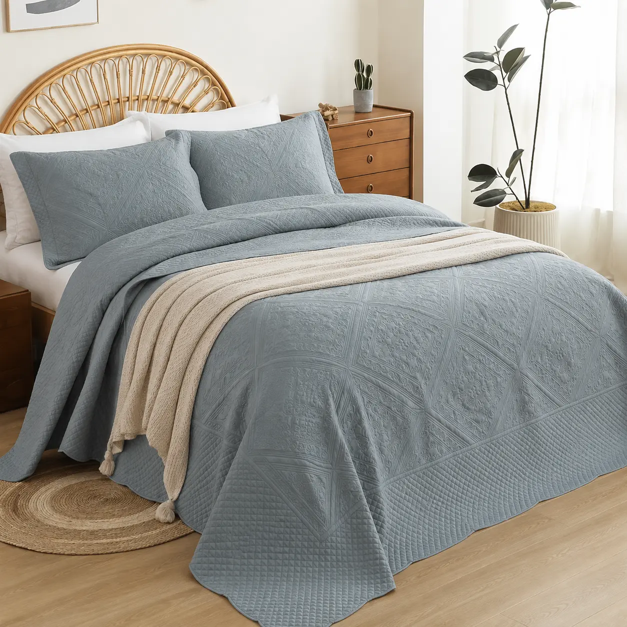 Super King Oversized Quilt Set 128 x 120 3-Piece Gray Blue Embossed Patchwork Bedspread Coverlet with 2 Matching Pillow Shams Lightweight Bedding