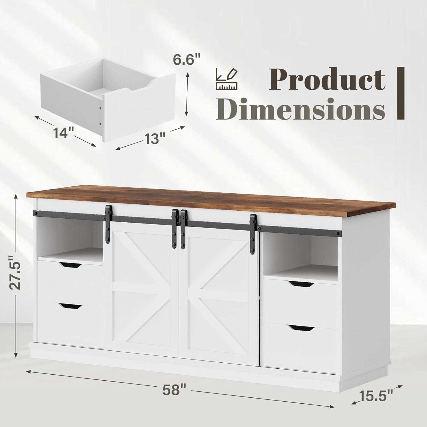 FURMAX TV Stand for Televisions up to 65 Inchs, with Sliding Barn Doors and 4 Storage Drawers, Console Table and Media Furniture for Living Room, 58 Inch