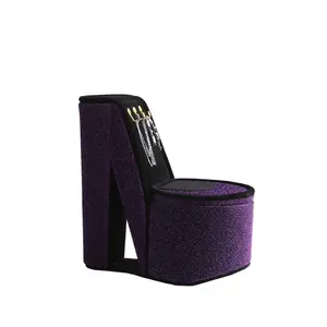 9" Tall Display Jewelry Box with Hooks High Heel Shoe Design Purple Velvet