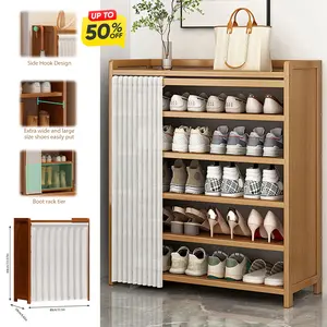 1pc Shoe Cabinet and Curtain Combination Set, Freestanding Integrated Shoe Cabinet, Multi-functional Shoe Rack, Durable Bamboo Material, Suitable for Bedroom, Living Room, Porch, and Other Scenes