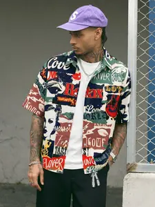 Men's retro collage printed short sleeved shirt, casual button up shirt for street wear, with retro women's face and text print, suitable for loose fit of summer clothing, street style, and casual wear, durable print for city and art style fans