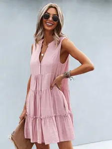 Women's Plain Frill Trim Ruffle Hem Tank Dress, Casual Notched Neck Sleeveless Short Dress for Summer, Ladies Clothes for Daily Wear, Womenswear