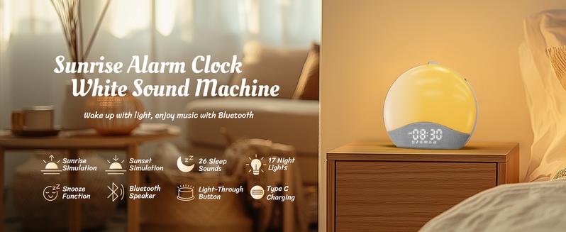 ecozy Sunrise Alarm Clock, White Noise Machine for Sleep, Upgraded Backlit Buttons, Bluetooth Speaker, Dimmable Night Light for Heavy Sleeper, Adults, Kids