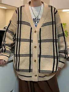 Men's Oversized Plaid Cardigans Sweater Trendy Loose Fit Stylish Sweater Knitwear Menswear Casual