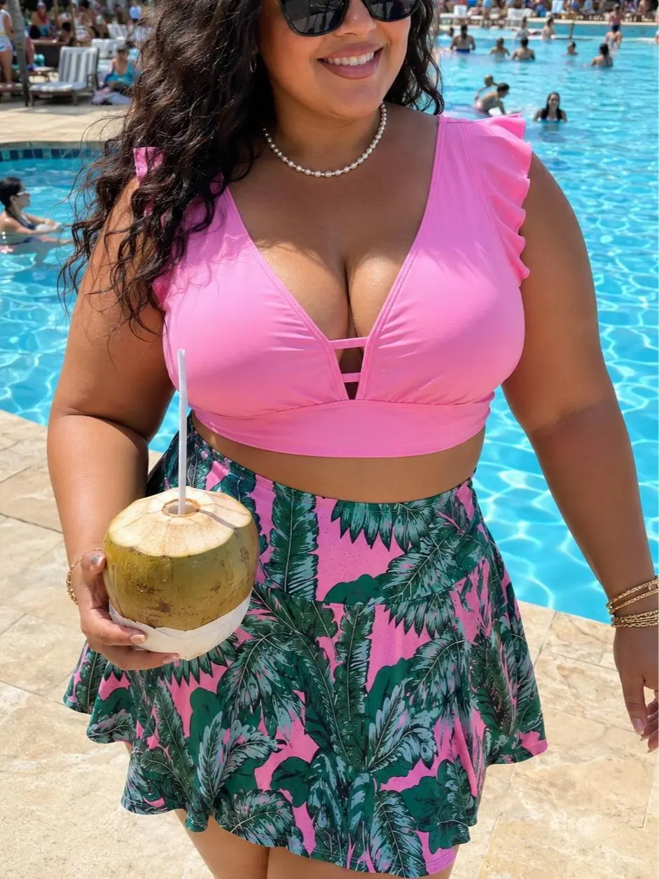 Women’s Plus Size Pink Ruffle Sleeve Tankini Swimsuit Set - Tropical Palm Print, V-Neck Cutout, Tummy Control 2-Piece Bathing Suit for Beach, Pool, Two Piece Set, Tankini Suit