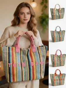 Large Capacity New Women Rainbow Striped Woven Straw Tote Bag Simple Fashion Versatile Single Shoulder Bag Daily Commute Vacation Summer Bags Casual Handbag For Ladies