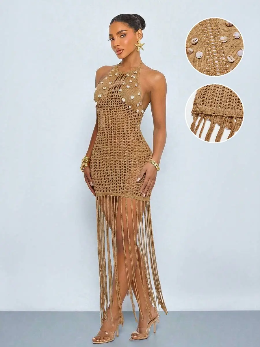 Women's Spaghetti Strap, Open Back Fringe Dress, Accented With Seashell Details, Beach Vacation Dresses Outfit.