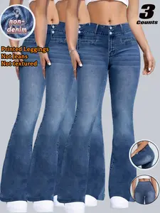 Women's High-Waisted Stretchy Printed Jeans, Fake Buttons, No Pockets, All-Season Slim Fit, Sporty Casual, Bottom, imitation denim fabric, Womenswear