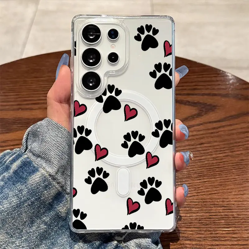 Minimalist Cozy Paw and Heart Array,Magnetic Ring Supports Wireless Charging for Samsung Galaxy S26 S25 S24 S23 S22 S21 S20 Fe Plus Ultra Edge S10E A57 A56 A55 A54 A37 A36 A35 A34 A26 A25 A24 A23 A17 A16 A15 A14 A07 A06 A05s Note20 Note10 Note9