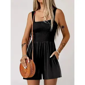 Women's Plain Pocket Shirred Tank Romper, Fashion Casual Square Neck Sleeveless Romper for Daily Outdoor Wear, Summer Rompers, Back to School Outfits, Playsuits for Women, Romper Jumpsuit for Women, Ladies Clothes for Summer(Sheet)