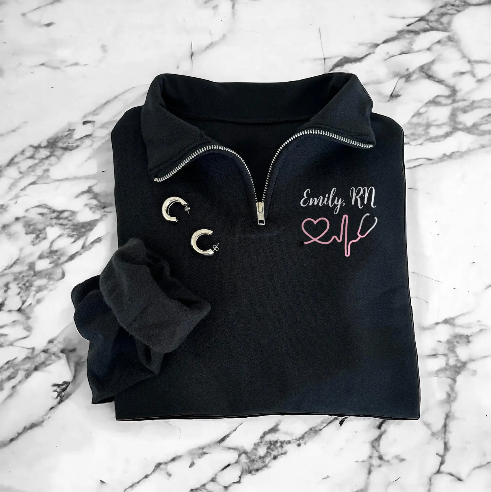 Embroidered Personalized Nurse Zip Sweatshirt - Customizable Quarter Zip Monogrammed Jacket for Nurses and Nurse Practitioners