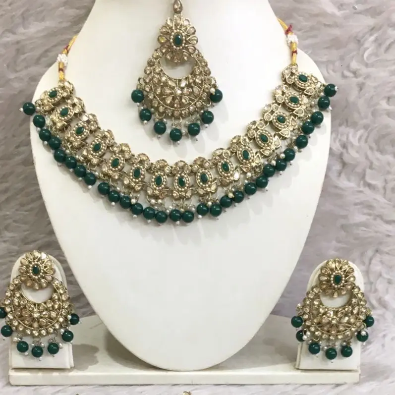 Indian Wedding Jewelry Set - Kundan Necklace, Earrings & Tikka, Handcrafted by Skilled Artisans in India, Elegant Adults' Jewelry