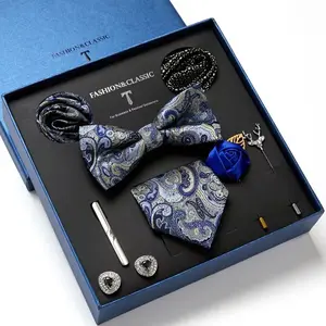 Fashion&Classic Tie Set 8 Piece with Paisley Bow Tie, Pocket Square, Cufflinks, and Lapel Pin in Elegant Blue Box