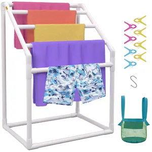 VEVOR Pool Towel Rack, Summervibes, 5 Bar, White, Freestanding Outdoor PVC Trapedozal Poolside Storage Organizer, Include 8 Towel Clips, Mesh Bag, Hook, Also Stores Floats and Paddles, for Beach, Swimming Pool