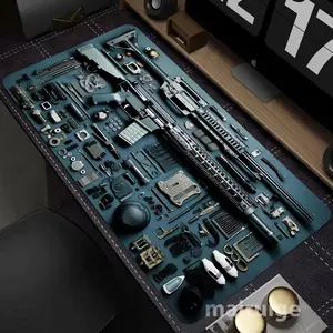 Single-pack XXL-sized gaming mouse pad featuring AK-47 and M16 rifle parts design; 3–5 mm thick, rubberized, non-slip, and washable; computer and office decor accessory; the perfect gift for gamers; ideal for laptop, study, and work desks