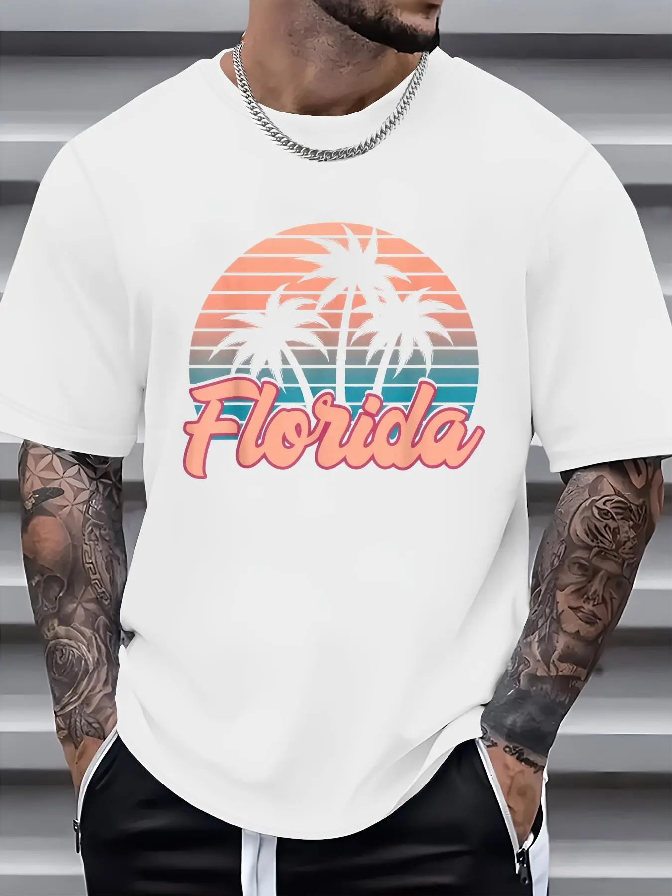 Men's 100% Cotton Short-Sleeve Round Neck Retro Palm Tree Tropical T-Shirt - Soft Menswear Casual Fitted Loose Streetwear Summer Top, Jackets