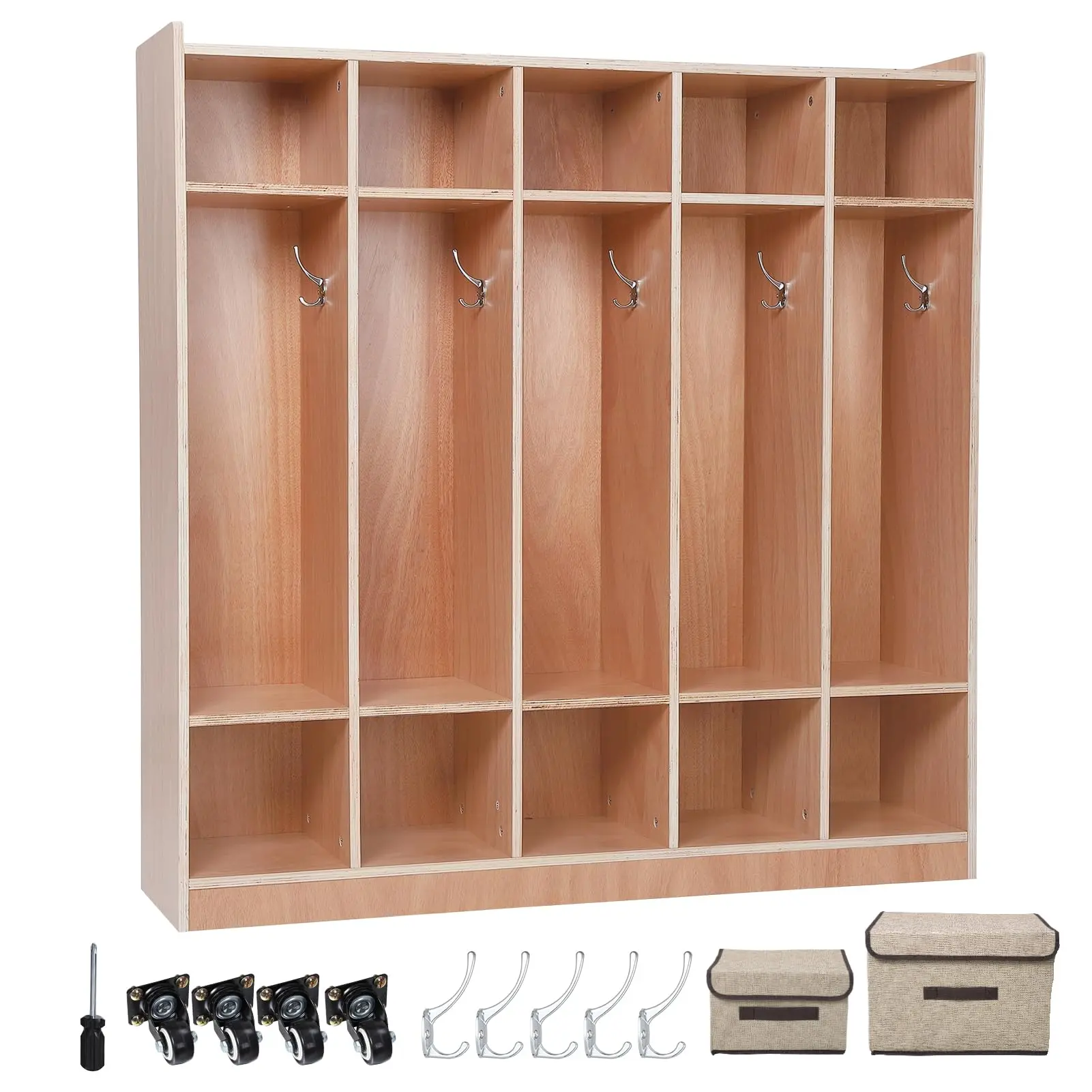 【GARVEE】5-Section Classroom Coat Locker, 10 Cubbies for Classrooms, Daycare Cubby with 4 Casters, 5 Hooks and 2 Storage Boxes, for Home, School, Kindergarten