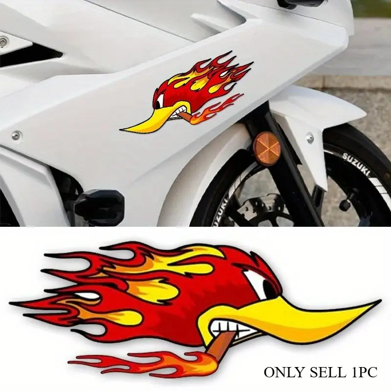 1PC Vibrant Dynamic Motorcycle Decor Sticker, Motorcycle Decoration, Motorcycle Stickers, For Motorcycle Accessories, Riding Backpacks, Flame Duck Creative Design, Nail Your Bike’s Lively Style Easily, Eye-Catching & Show Dynamic Attitude