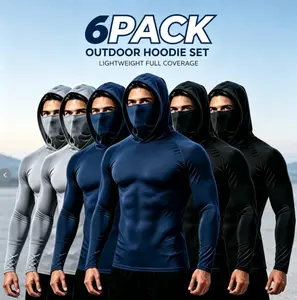 6 Pack Compression Sun Hooded Shirts, Breathable Quick Dry UPF Long Sleeve Active Tops with Attached Face Mask for Construction Fishing Outdoor Sports
