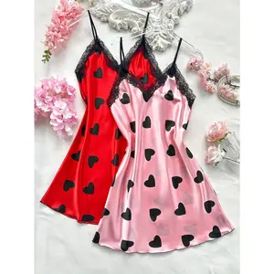 [Holiday Heart Print Nightdress] Lace Spaghetti Strap Nightdress | Women's Holiday Heart-Shaped Print Color Lace Decor High Quality Dress