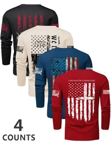 Men's Flag Series Round Neck Long Sleeve T-Shirt Set, Casual Outdoor Hooded Top for Spring & Fall, Sports Wear, Athleisure Wear Set