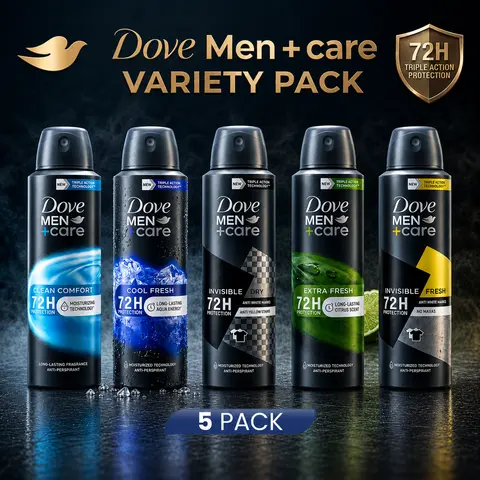 Dove Men+Care Antiperspirant Deodorant Spray Variety Bundle, 5-Pack (150ml/5oz) - 72H Triple Action Protection, Long-Lasting Sweat Defense, Fresh Scents (Clean Comfort, Extra Cool Fresh & More)