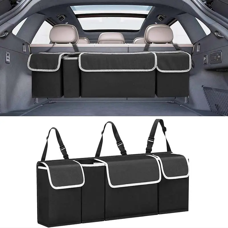 600D Oxford Car Back Seat Organizer with Dust Cover,Waterproof Hanging Storage Bag with 4 Pockets & Adjustable Straps,Foldable Backseat Caddy for SUV Sedan Truck,Auto Storage Essentials