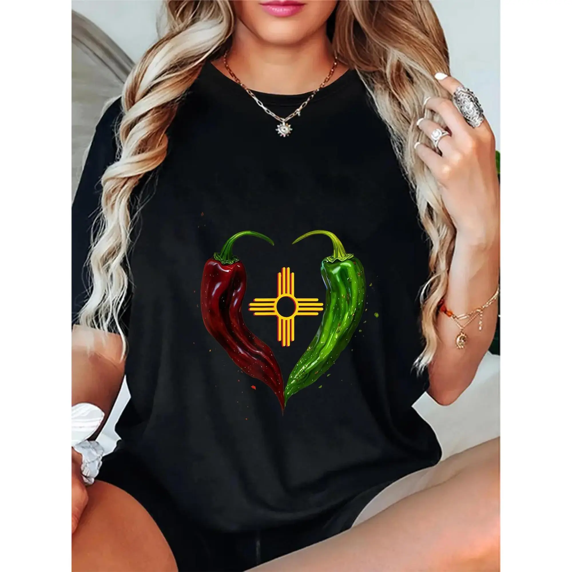 Women's Chili Pepper Graphic T-Shirt, Casual Short-Sleeve Round Neck in a Cotton-Polyester Blend for New Mexico Celebrations, Shortsleeve, Fabric, Print, Tshirt, Top, Lady