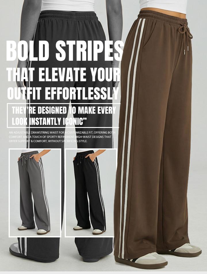 KatchMe Women's Casual High Waist Striped Wide Leg Trousers, Sporty Drawstring Waist Side Pocket Outfit, Minimalist Versatile Women's Bottom KatchMe Women's Casual High Waist Striped Wide Leg Trousers, Sporty Drawstring Waist Side Pocket Outfit, Minimalist Versatile Women's Bottom