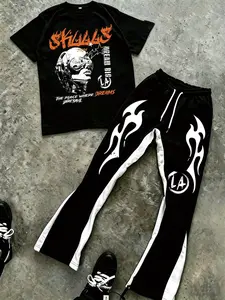 Cotton Skulls LA Cyborg Flame Graphic 2-Piece Outfit, Men's Y2K Cyberpunk Streetwear Printed T-Shirt&Casual Horn Sports Pants Set, Y2K Street Style 2-Piece Set