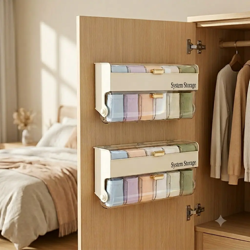 Dual-Layer Cream Rectangle Aesthetic Durable Wall-Mounted Underwear Organizer with Customizable Removable Dividers, Adhesive Strip No-Drill Bedroom Closet Storage for Socks, Decorative Bathroom Space-Saving Bin