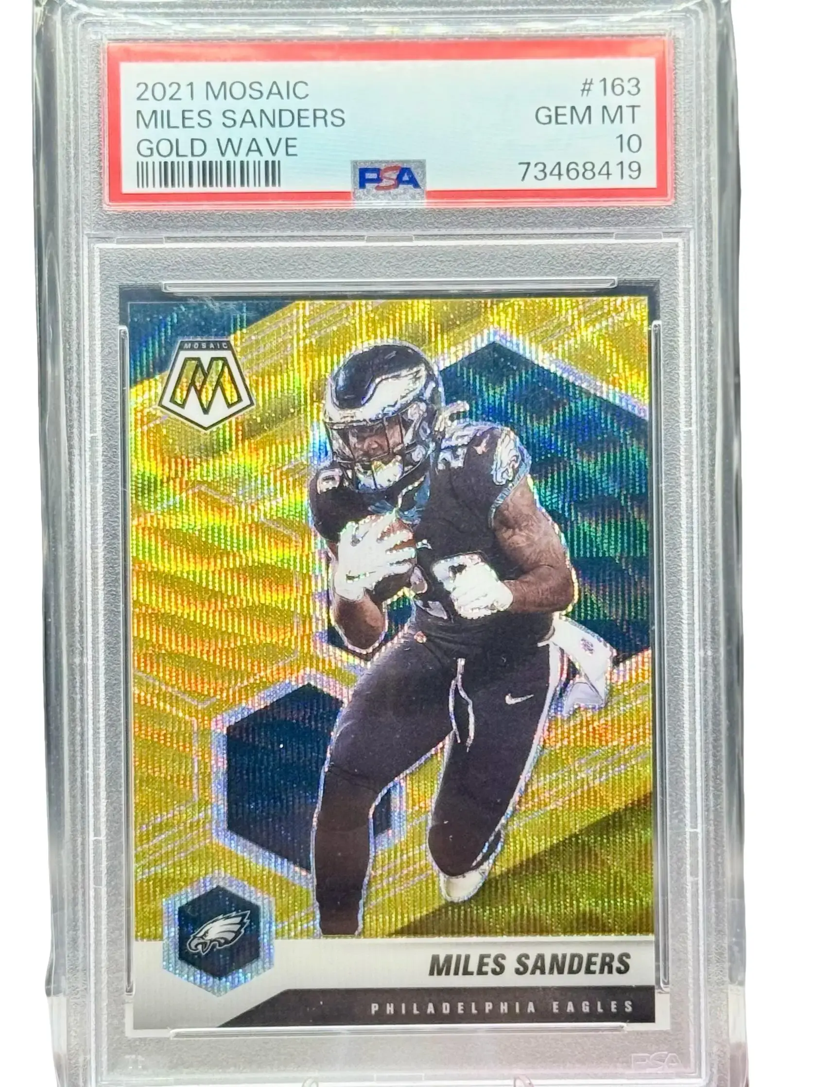 PSA Miles Sanders 2021 Mosaic Gold Wave #163 Gem Mint 10 Football Card Philadelphia Eagles Collectible Trading Card 73468419