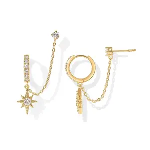 14K Gold Earrings For Women Double Piercing Dangle Chain Huggie Hoop Earrings Stud Earring For Women