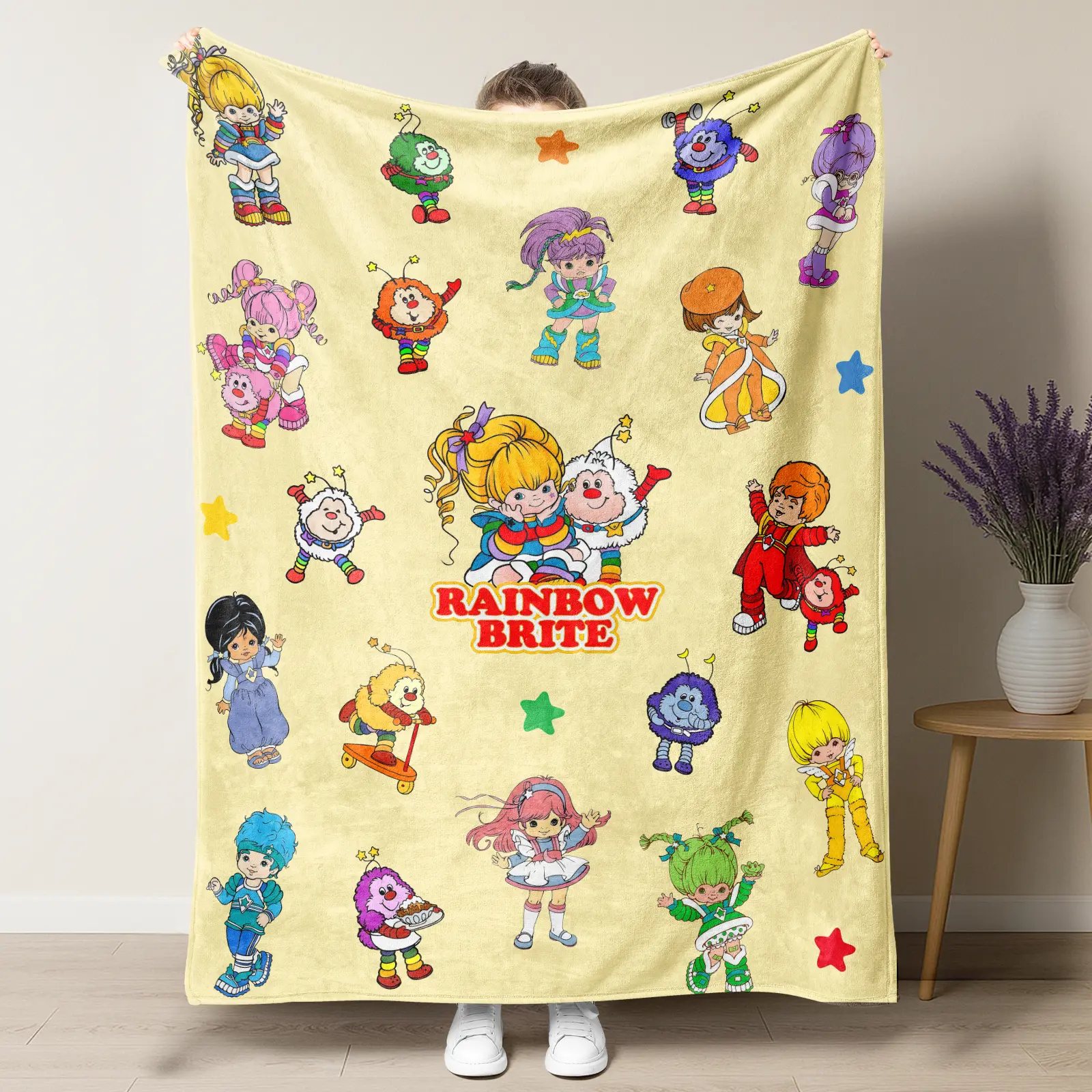 Rainbow Brite & Full Character Cast Flannel Blanket, Retro 80s Cartoon Collage Print, Ultra Soft Throw for Nostalgic Fans & Cozy Decor