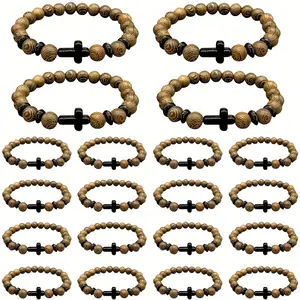 20Pcs Natural Wood Cross Bead Bracelet Set for Women - Suitable for Baptism, Wedding, Party Gifts
