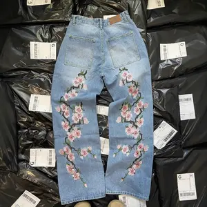 2025 Spring and Summer American Retro Personality Street Flowers Embroidered Jeans Men and Women Casual Loose Long Pants