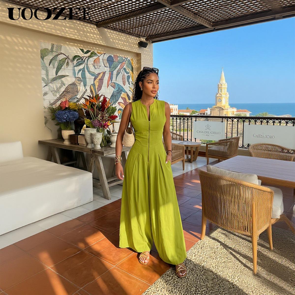 UOOZEE Women's Summer Casual Elegant A-line Loose Pleated Pockets Zipper Round Neck Long Minimalist Dress. Smaller Bust Fit One Size Up Recommended for C - Cup Above & smaller bust can order a normal size. Multiple colors, Sleeveless Womenswear Check